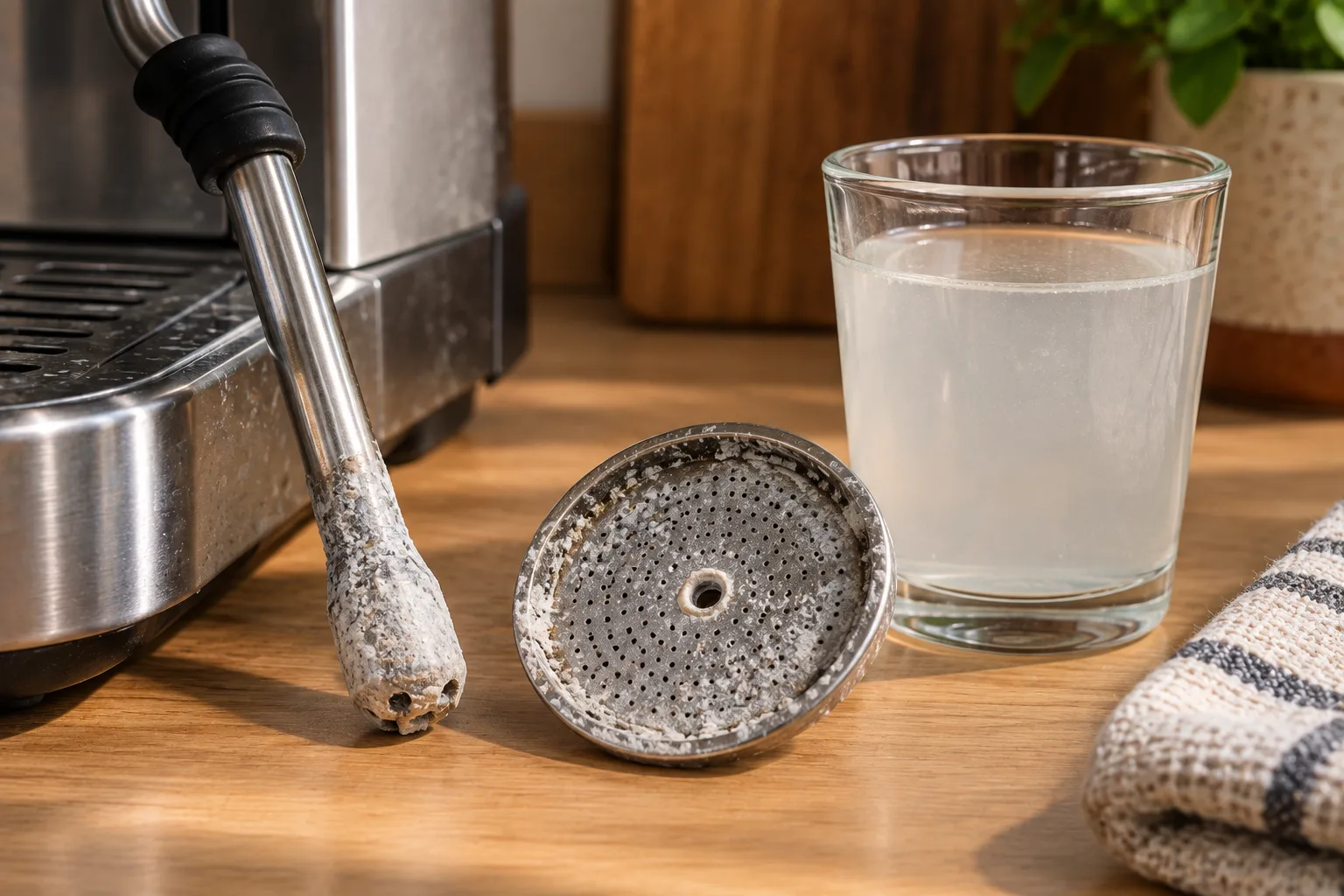 Steam wand and shower screen covered in chalky white limescale buildup, a common reason people ask how long do espresso machines last, next to a glass of hard water