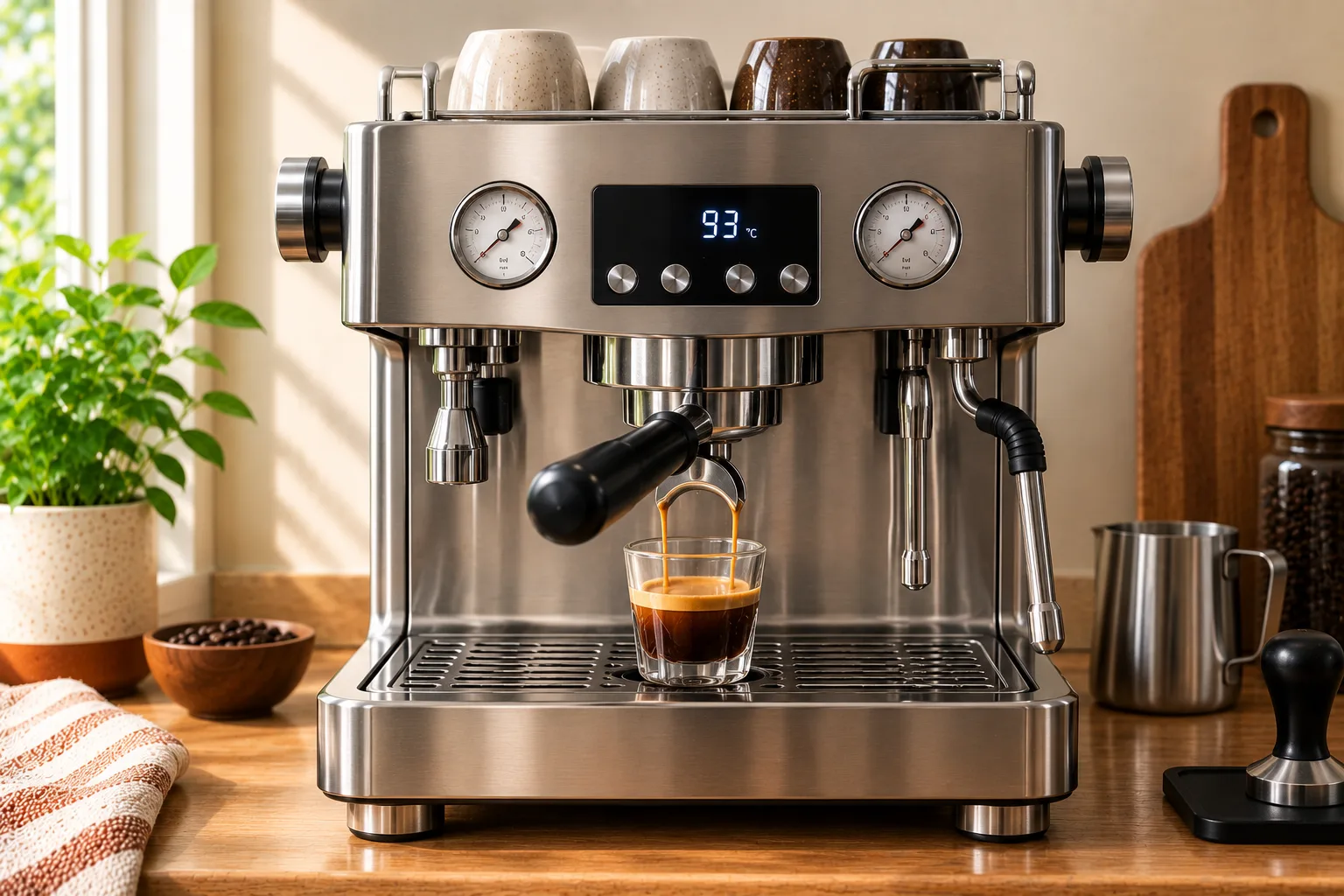 Dual-boiler espresso machine with digital temperature display and pressure gauges pulling a shot