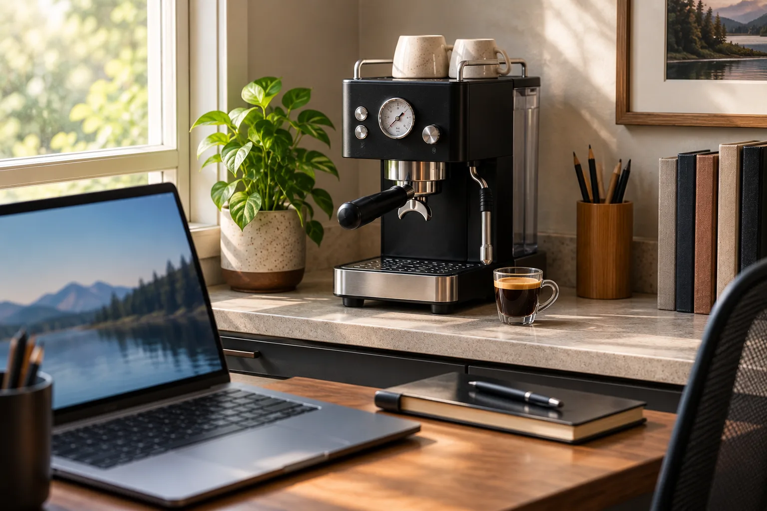 Small single-boiler espresso machine on a counter behind a home office desk, a best compact espresso machine pick for a single-person setup, with a laptop and one espresso cup