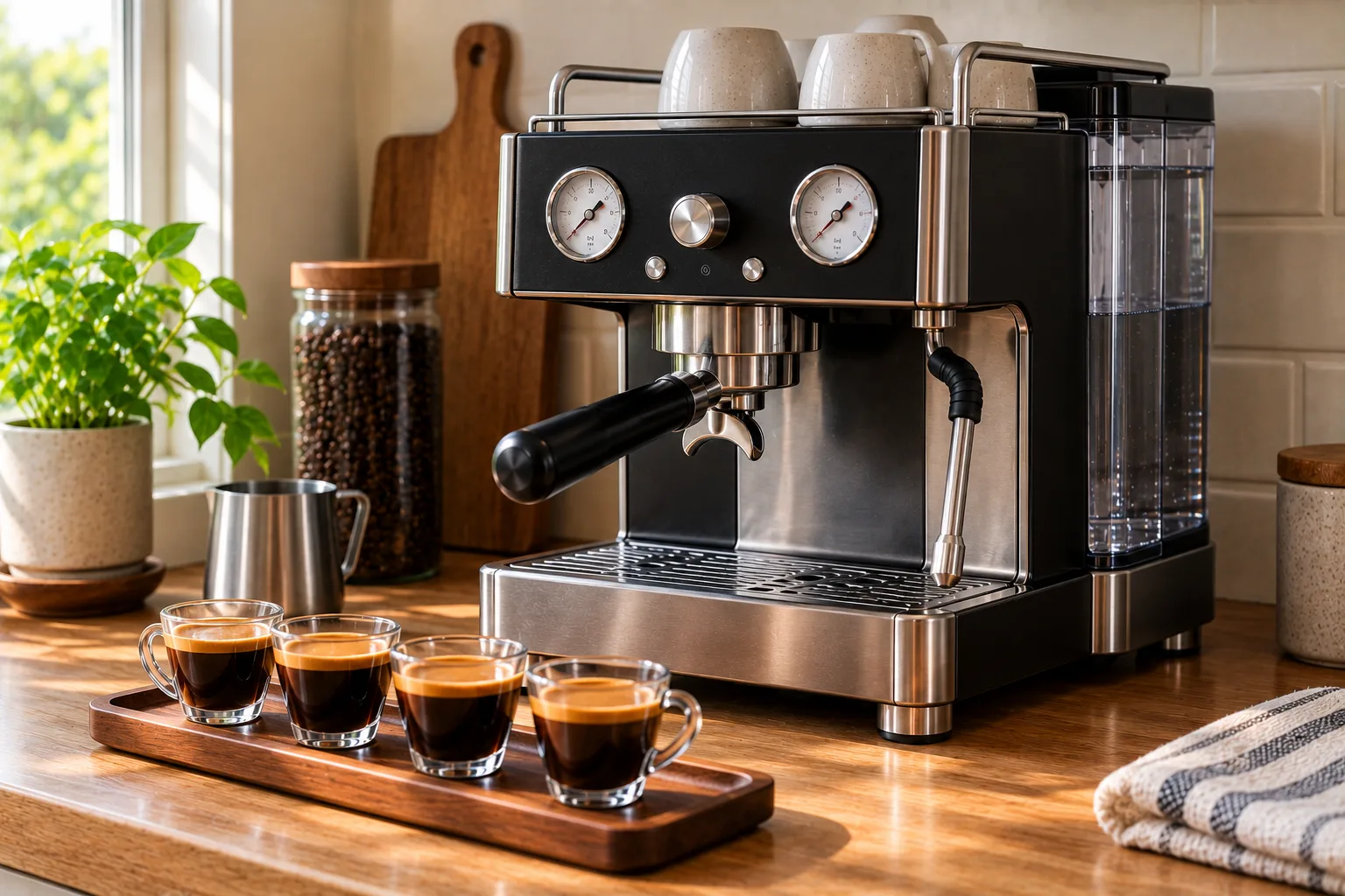 Single-group heat exchanger espresso machine with a large water reservoir and four freshly pulled espresso cups