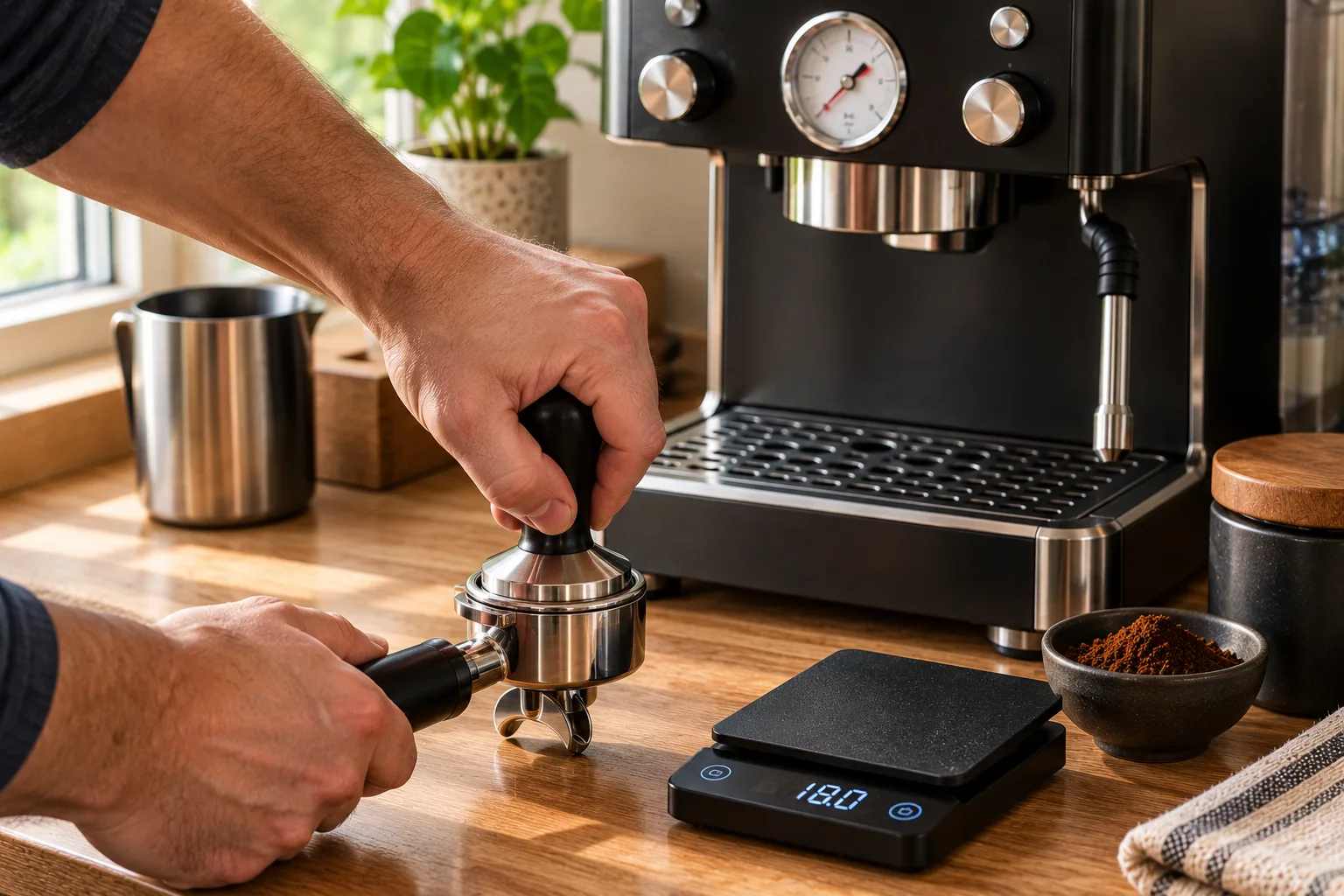 Hands tamping espresso grounds in a portafilter next to a digital scale reading 18 grams, the kind of manual shot control a Breville vs DeLonghi comparison often comes down to