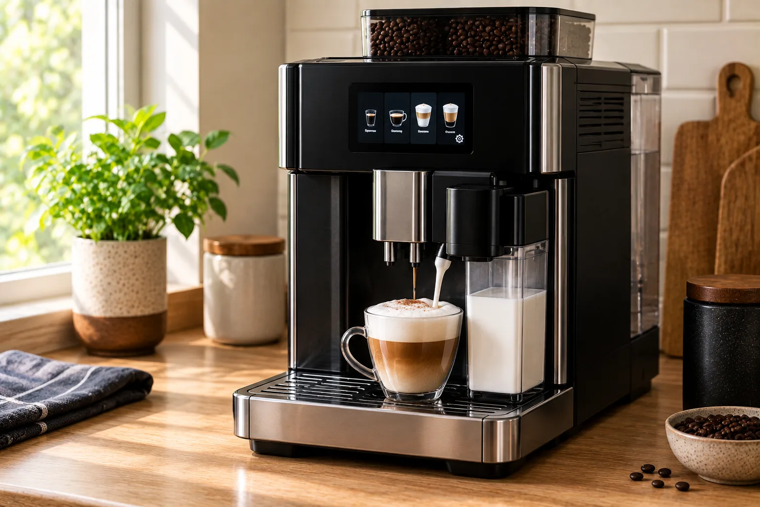 Automatic bean-to-cup espresso machine dispensing steamed milk from a built-in spout into a fresh cappuccino