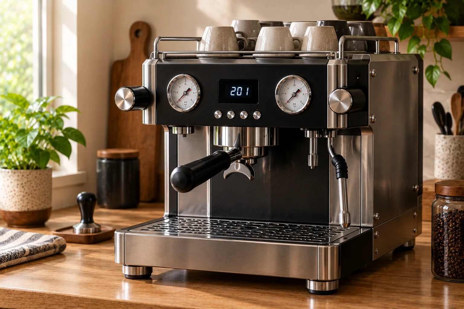 Prosumer dual boiler espresso machine with two pressure gauges and a digital PID display