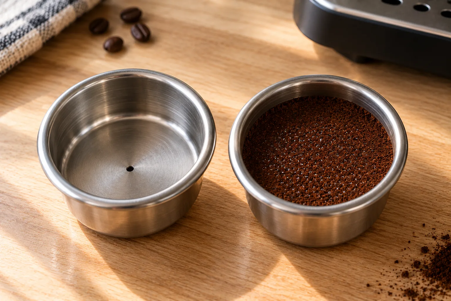 Pressurized espresso portafilter basket with a single hole next to a standard basket with many holes