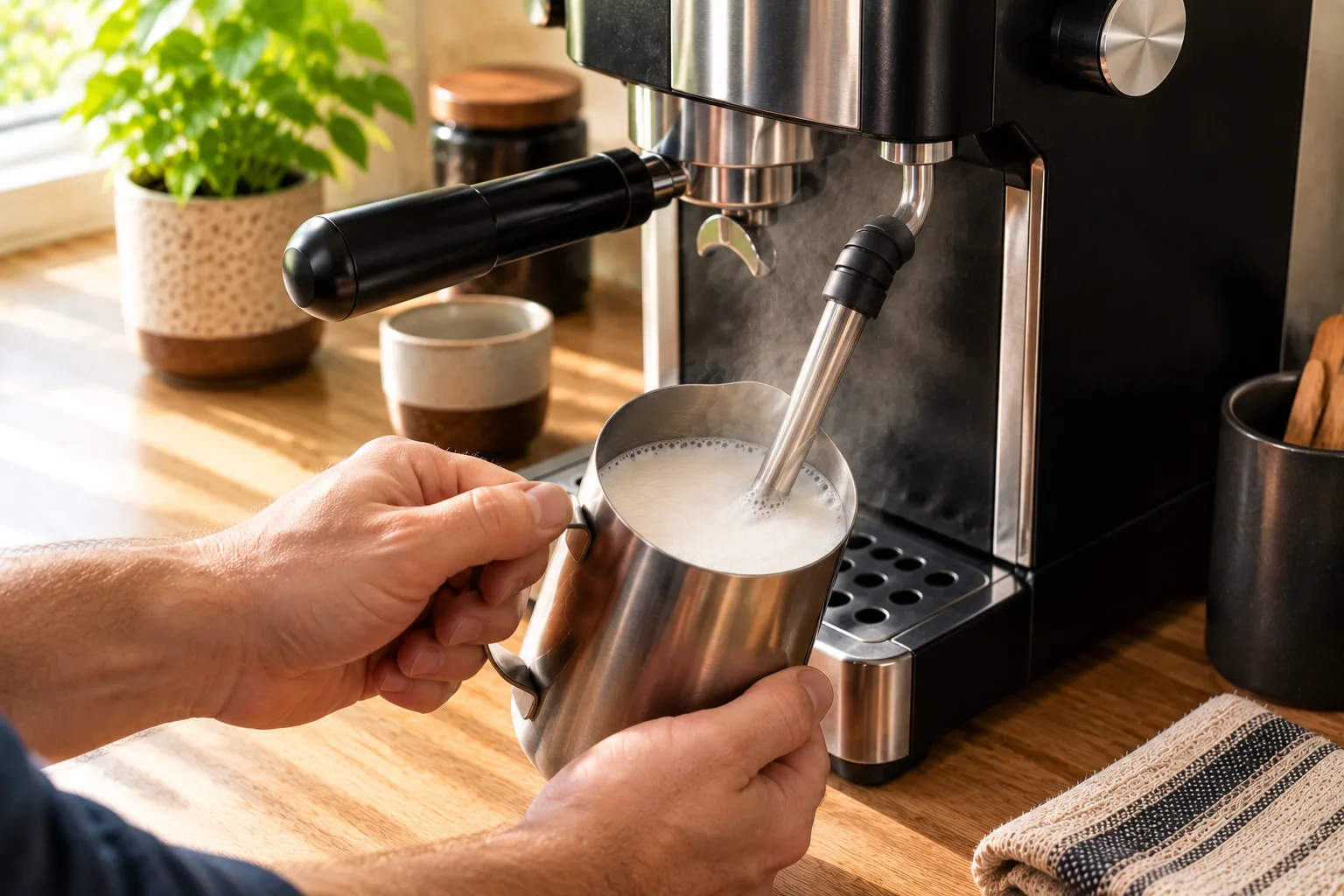 Hand holding a steel milk pitcher while a manual steam wand textures milk, the kind of hands-on step a best espresso machine under 500 still asks you to learn