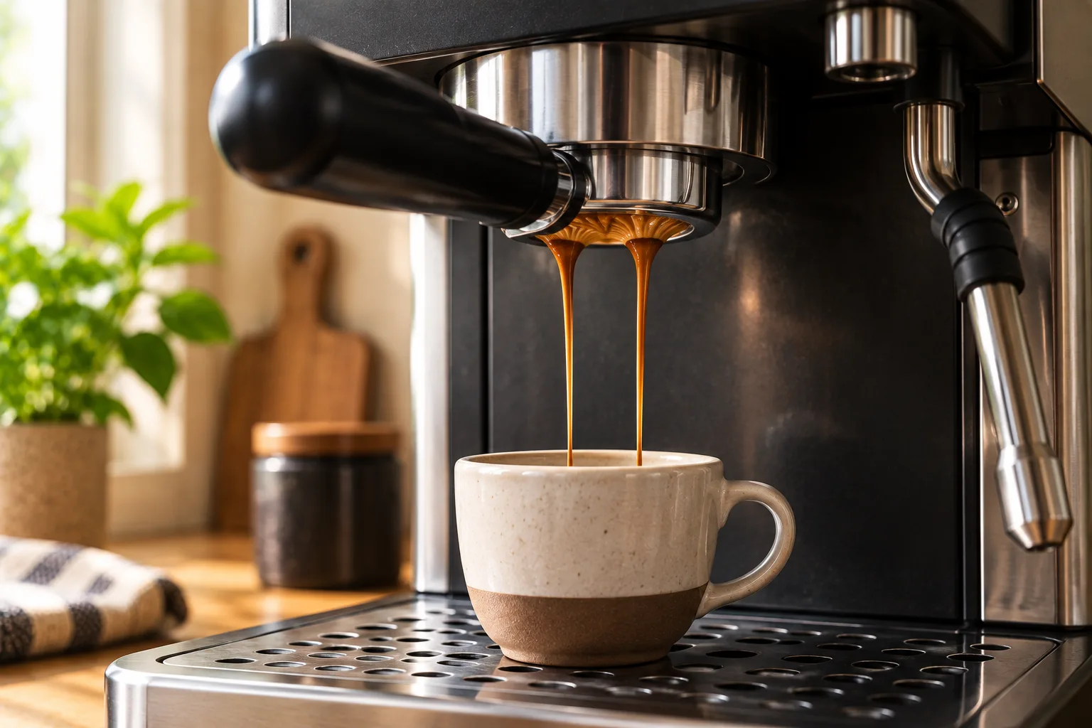 Espresso pouring in two even streams from a bottomless portafilter into a cup
