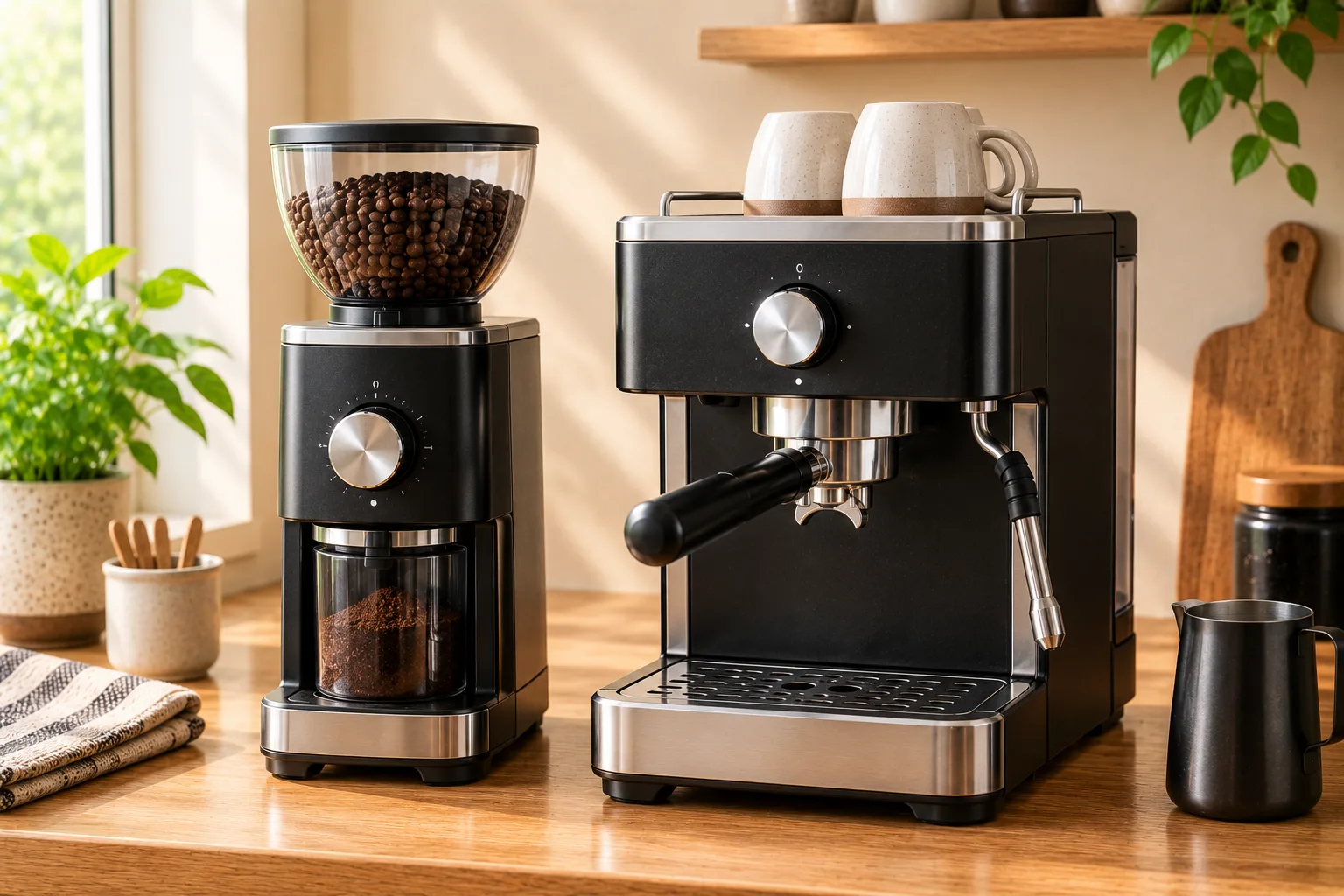 Coffee grinder and espresso machine given equal prominence on a kitchen counter, representing a balanced budget between the two
