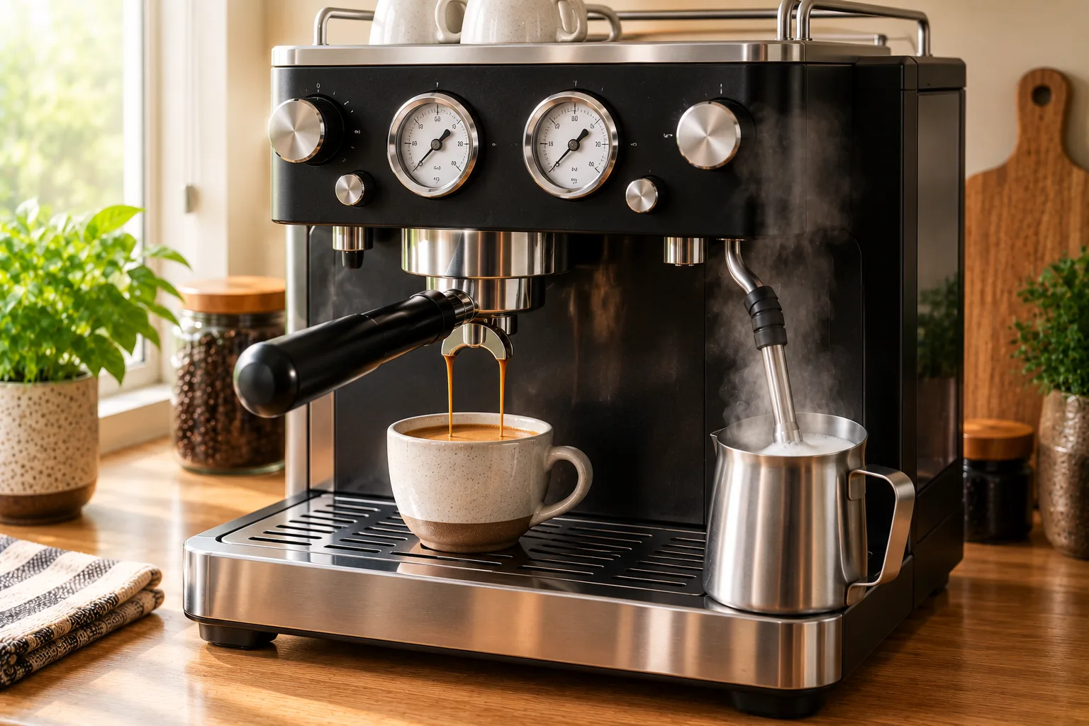Espresso machine brewing a shot and steaming milk at the same time, representing heat exchanger or dual boiler speed