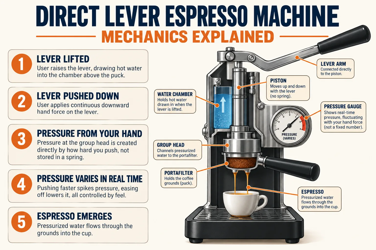 Diagram showing how a direct lever espresso machine builds pressure directly from continuous hand force, with no spring