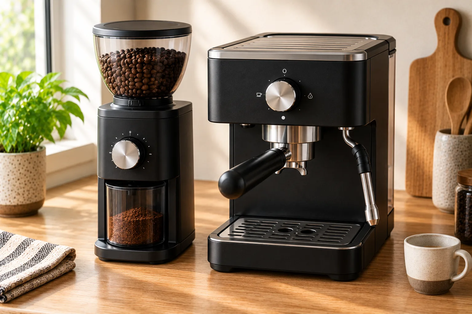 Basic entry-level espresso machine next to a general-purpose grinder, a budget-friendly $350 espresso starter kit pairing
