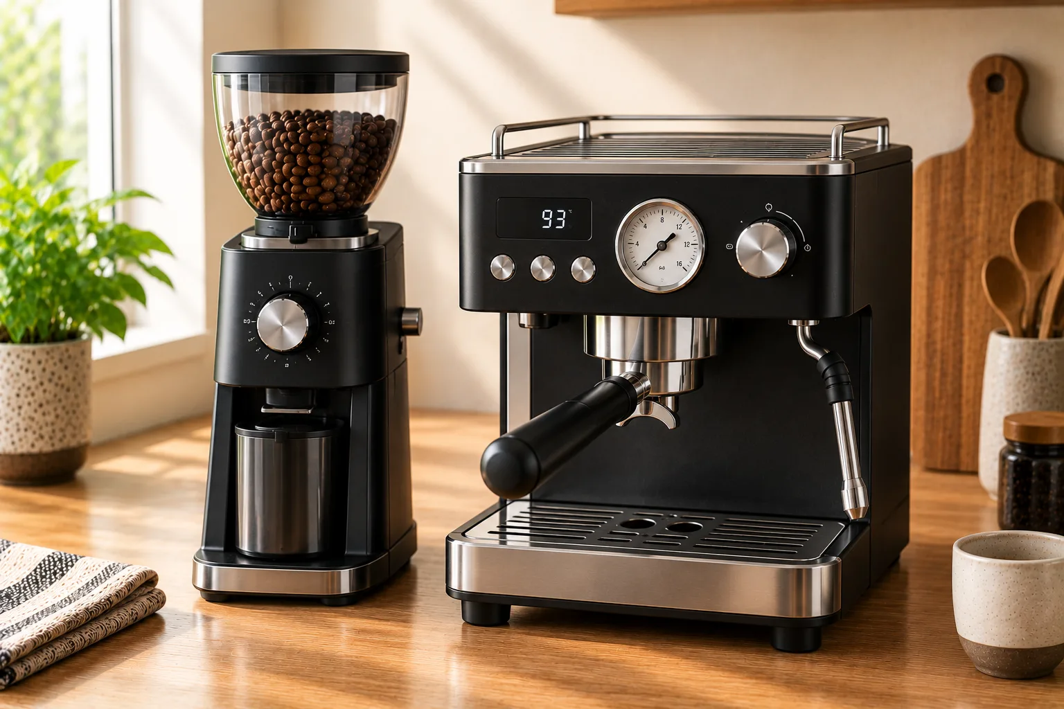 Espresso machine with digital temperature display and pressure gauge next to a dedicated espresso grinder, representing a step-up $500 pairing