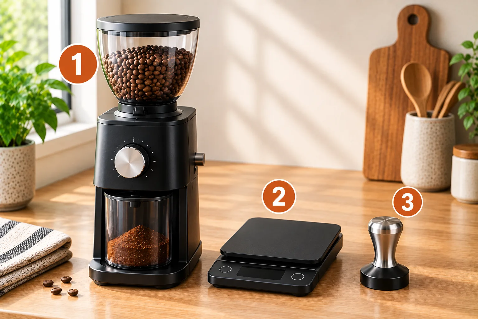 Buying priority order for essential espresso accessories: grinder first, scale second, tamper third
