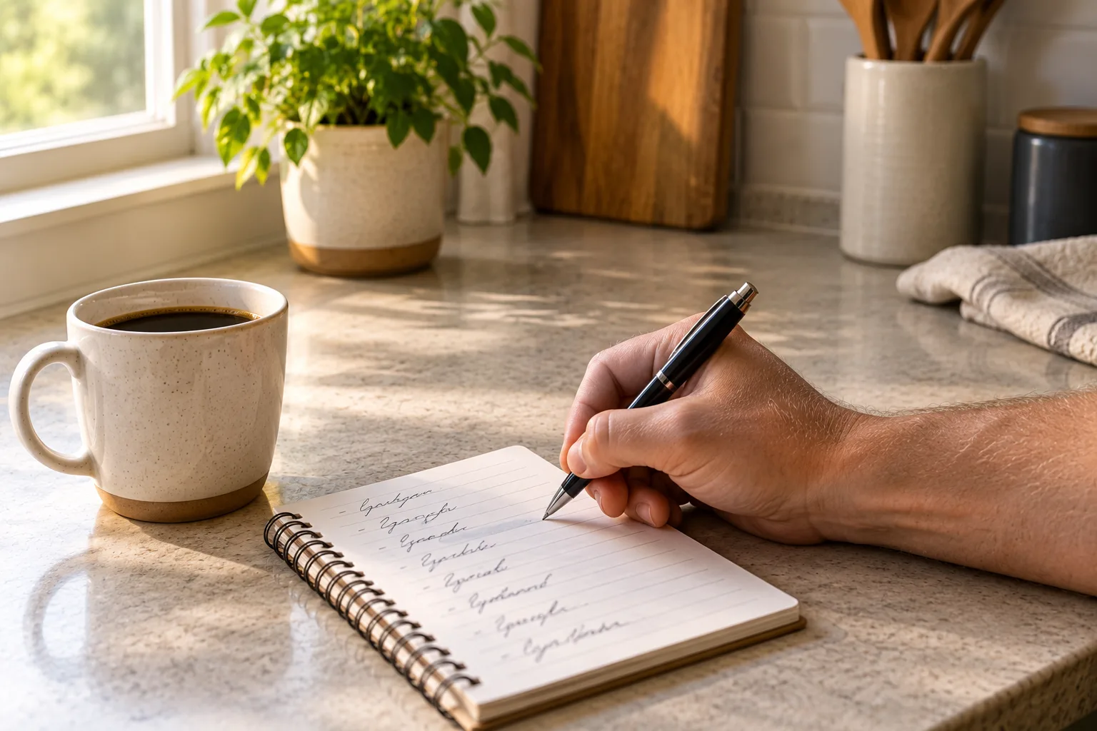 Notepad with a written list of espresso machine buying guide considerations next to a cup of coffee