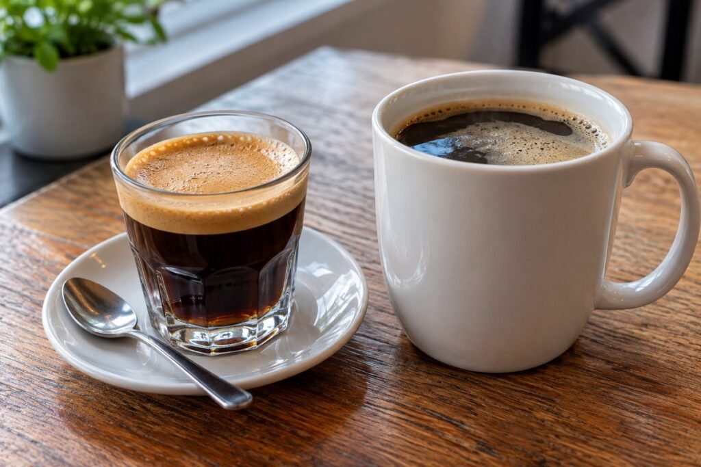 A long black in a small glass next to a larger americano in a mug, showing the americano vs long black size difference