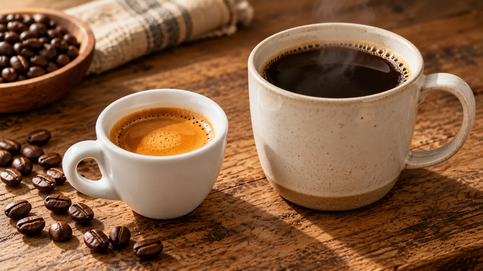 Hot water pouring through a paper filter cone into ground coffee, illustrating one half of the espresso vs coffee comparison: drip coffee relies on gravity instead of pressure