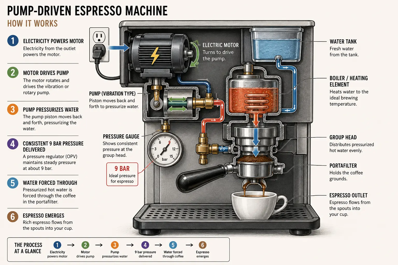 Diagram explaining how a pump driven semi-automatic espresso machine builds and maintains 9 bar of pressure