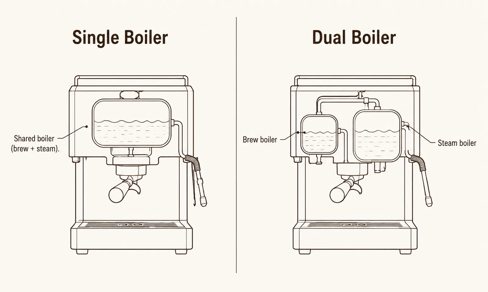 Diagram comparing a single boiler espresso machine against a dual boiler configuration