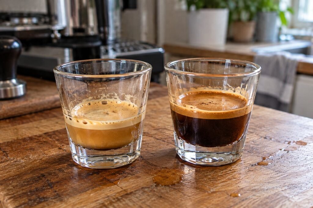 A pale under-extracted espresso shot next to a darker, fuller shot in clear glasses