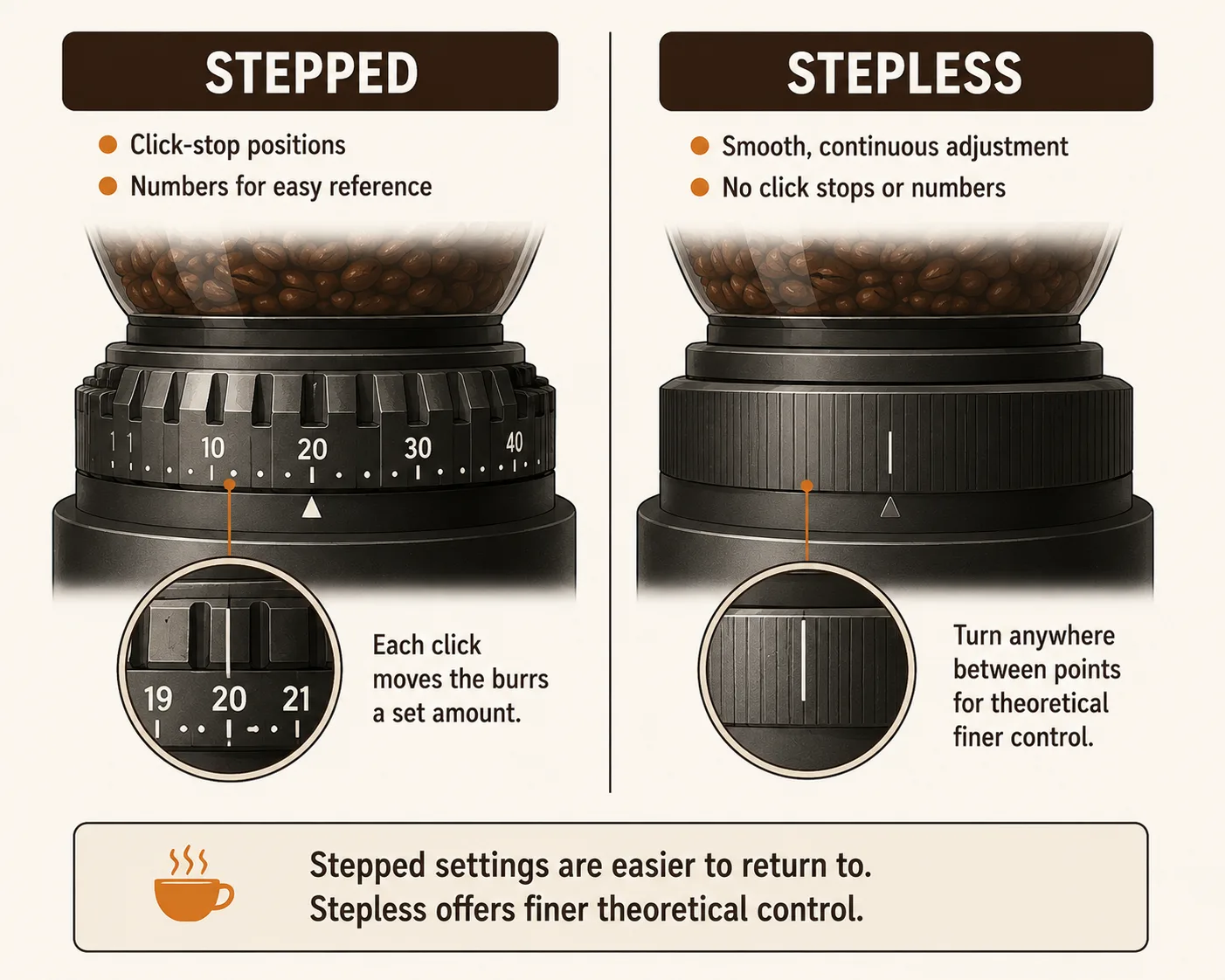 Diagram comparing a stepped grind adjustment dial with numbered settings to a stepless continuous dial