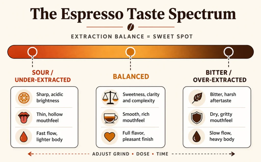 Espresso taste spectrum from sour and under-extracted to balanced to bitter and over-extracted