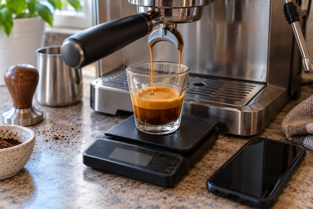 Espresso shot pouring onto a kitchen scale next to a phone timer while dialing in a grind setting